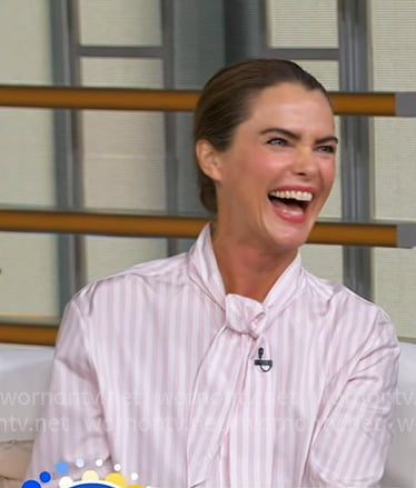 Keri Russell’s pink striped tie neck shirt on Good Morning America Keri Russell’s pink striped tie neck shirt on Good Morning America