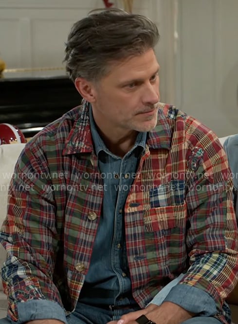 Kial’s patchwork plaid shirt jacket on Beyond the Gates Kial’s patchwork plaid shirt jacket on Beyond the Gates