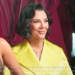 Kris’s yellow satin belted coat on The Kardashians Kris’s yellow satin belted coat on The Kardashians