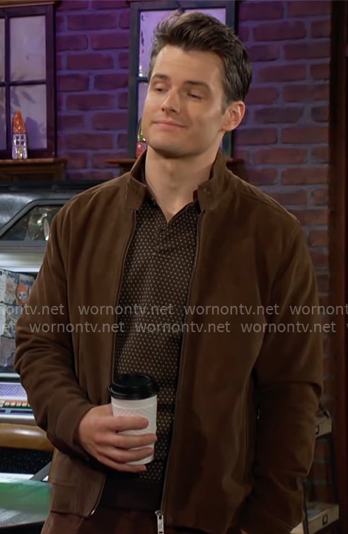 Kyle’s brown printed polo sweater and suede jacket on The Young and the Restless Kyle’s brown printed polo sweater and suede jacket on The Young and the Restless