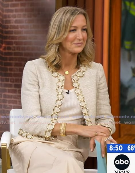 Lara’s gold ring embellished jacket on Good Morning America Lara’s gold ring embellished jacket on Good Morning America