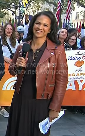Laura's brown leather moto jacket on Today