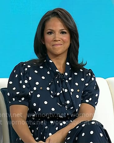 Laura's navy polka dot tie neck dress on Today