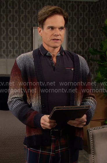 Leo's navy polo and ribbed cardigan on Days of our Lives