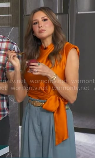 Leslie’s orange tie waist satin top on Good Morning America Leslie’s orange tie waist satin top on Good Morning America