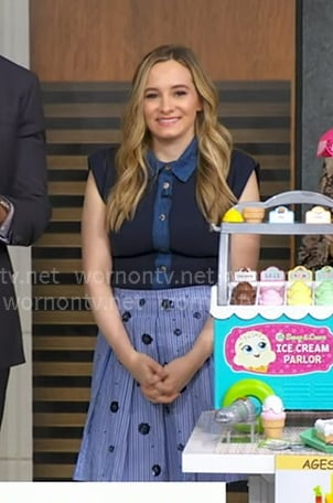 Lexie Sachs’s navy denim trim top and floral skirt on Good Morning America Lexie Sachs’s navy denim trim top and floral skirt on Good Morning America