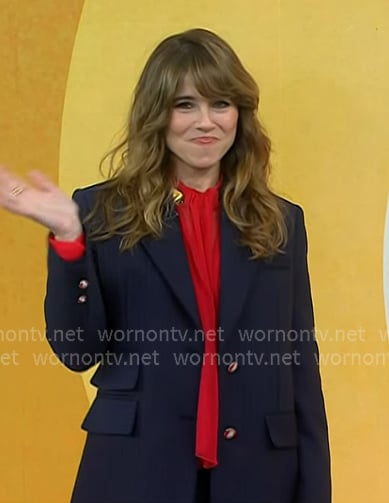 Linda Cardellini’s red blouse and navy pinstripe suit on Today