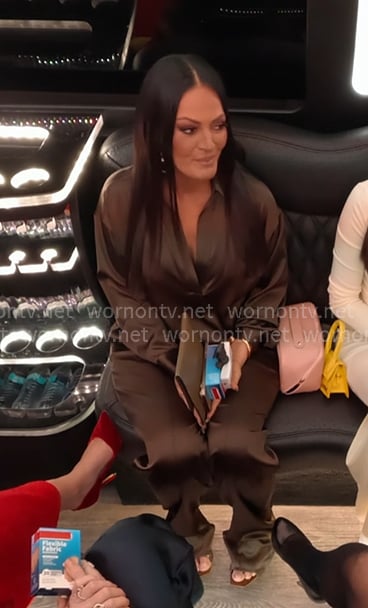 Lisa's brown satin shirt and pants on The Real Housewives of Salt Lake City