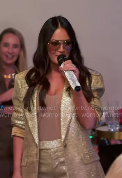 Lisa’s gold sequin blazer and pants on The Real Housewives of Salt Lake City Lisa’s gold sequin blazer and pants on The Real Housewives of Salt Lake City