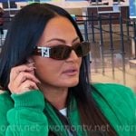 Lisa's green padded shoulder bomber jacket on The Real Housewives of Salt Lake City Lisa's green padded shoulder bomber jacket on The Real Housewives of Salt Lake City