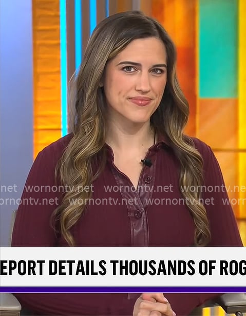 Madison Mills' burgundy button front dress on CBS Mornings
