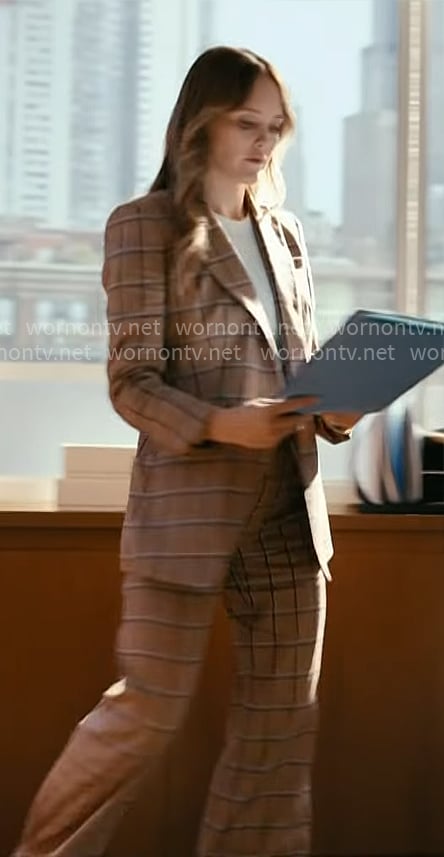 Mallory’s tan plaid suit on Chicago Med