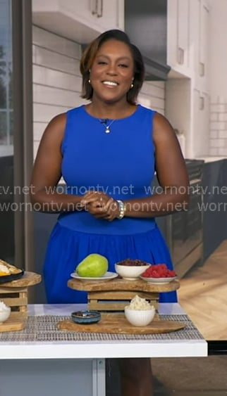 Maya Feller’s blue sleeveless mini dress on Good Morning America Maya Feller’s blue sleeveless mini dress on Good Morning America