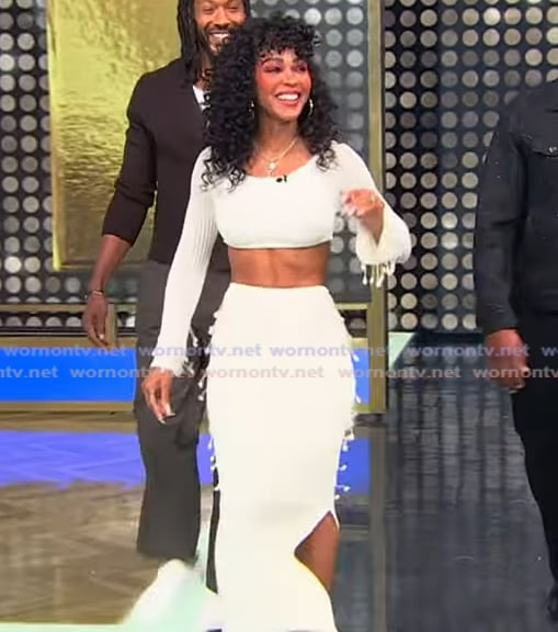 Meagan Good’s white knit embellished two piece set on Tamron Hall Show