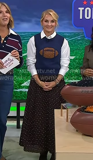 Meaghan Murphy’s navy football knit vest and brown polka dot skirt on Today
