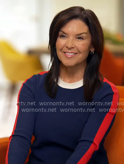 Meg Oliver’s navy dress with red stripe on CBS Mornings Meg Oliver’s navy dress with red stripe on CBS Mornings