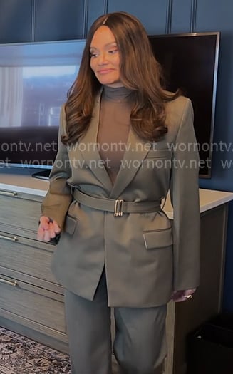 Meredith's grey belted blazer and pants on The Real Housewives of Salt Lake City