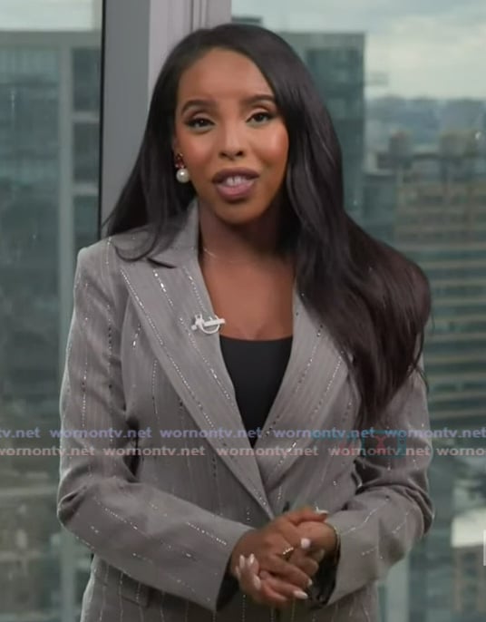 Mona’s gray pinstripe embellished blazer on Extra Mona’s gray pinstripe embellished blazer on Extra