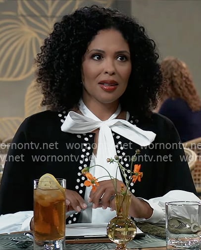 Monet’s black and white polka dot trim cardigan on General Hospital Monet’s black and white polka dot trim cardigan on General Hospital