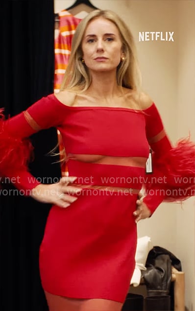Morgan's red off-shoulder dress with feathers on Nobody Wants This