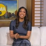 Morgan’s slate blue asymmetric button dress on Good Morning America Morgan’s slate blue asymmetric button dress on Good Morning America