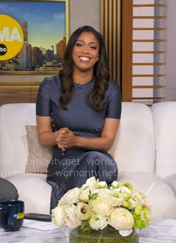 Morgan’s slate blue asymmetric button dress on Good Morning America