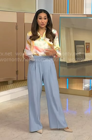 Morgan’s watercolor blouse and blue wide-leg pants on NBC News Daily