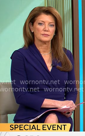 Norah O’Donnell’s purple v-neck dress on CBS Mornings