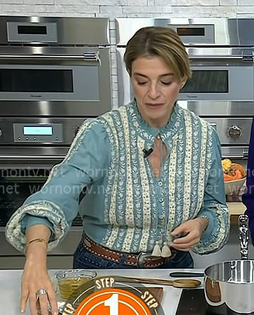 Pati Jinich's blue floral lace inset peasant top on Today