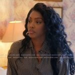 Porsha’s black polka dot print top on The Real Housewives Ultimate Girls Trip Porsha’s black polka dot print top on The Real Housewives Ultimate Girls Trip