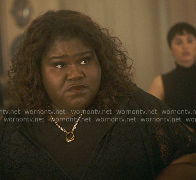 Queenie’s black lace hoodie dress on American Horror Story Queenie’s black lace hoodie dress on American Horror Story