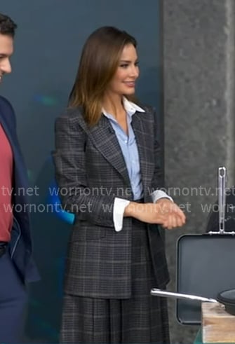 Rebecca’s grey plaid blazer and pleated skirt on Good Morning America