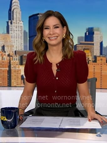 Rebecca’s red puff sleeve cardigan on Good Morning America Rebecca’s red puff sleeve cardigan on Good Morning America