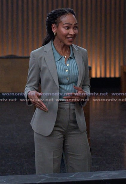 Regina's blue ribbed polo and suit on Reasonable Doubt