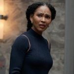 Regina’s navy contrast trim dress on Reasonable Doubt