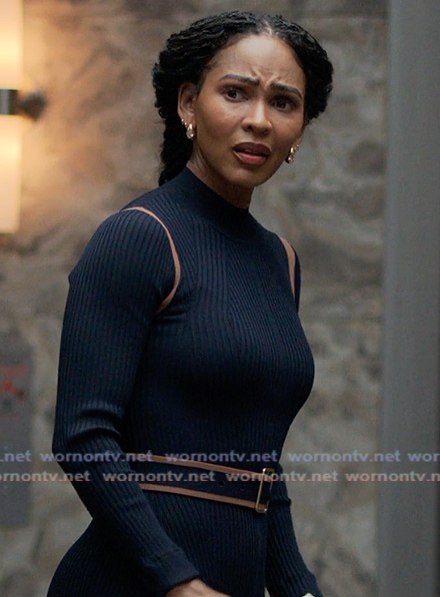 Regina's navy contrast trim dress on Reasonable Doubt