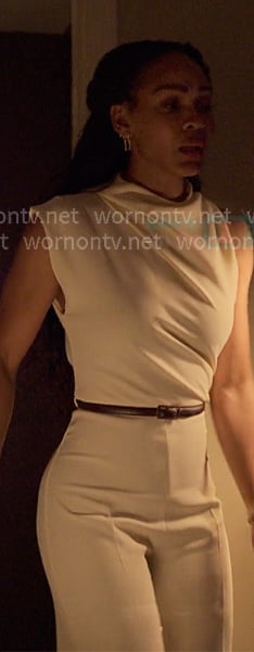Regina’s white asymmetric belted jumpsuit on Reasonable Doubt Regina’s white asymmetric belted jumpsuit on Reasonable Doubt