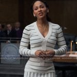 Regina’s white striped top and skirt on Reasonable Doubt