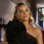 Robyn’s black one shoulder ruffled mini dress on The Real Housewives of Potomac