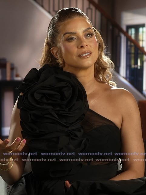 Robyn’s black one shoulder ruffled mini dress on The Real Housewives of Potomac