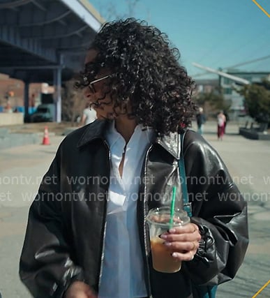 Sai’s dark brown leather bomber jacket ans sunglasses on The Real Housewives of New York City Sai’s dark brown leather bomber jacket ans sunglasses on The Real Housewives of New York City