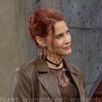 Sally’s brown leather trench coat on The Young and the Restless