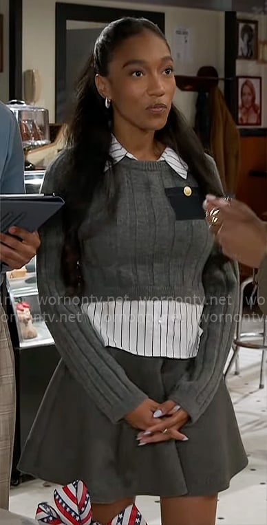 Samantha’s grey cropped sweater and skirt on Beyond the Gates