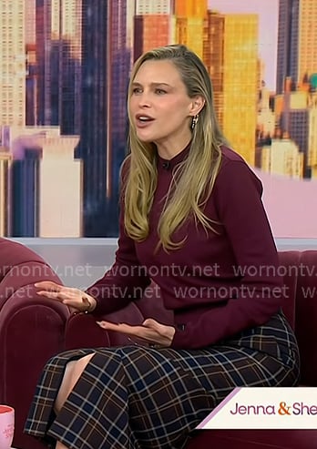 Sara Foster's burgundy mock neck top and plaid skirt on Today