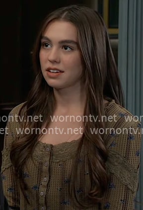 Scout’s olive floral knit top on General Hospital Scout’s olive floral knit top on General Hospital