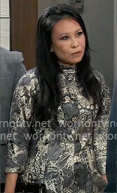 Selina Wu's floral jacquard dress on General Hospital