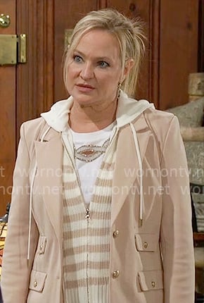 Sharon’s beige hoodie blazer on The Young and the Restless Sharon’s beige hoodie blazer on The Young and the Restless