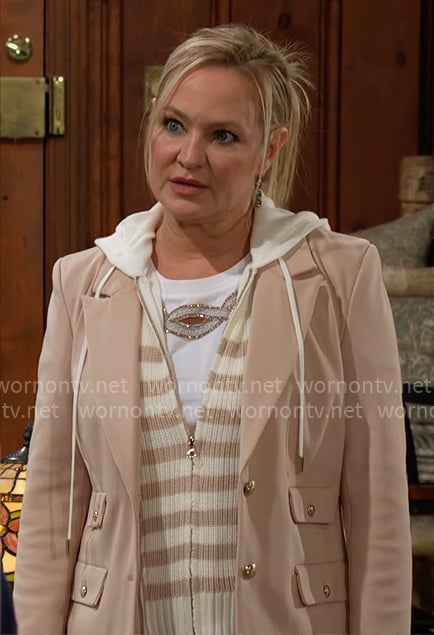 Sharon's beige hoodie blazer on The Young and the Restless