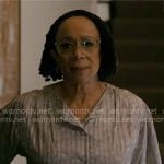 Sharon's grey striped button front blouse on Chicago Med Sharon's grey striped button front blouse on Chicago Med