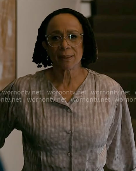 Sharon’s grey striped button front blouse on Chicago Med